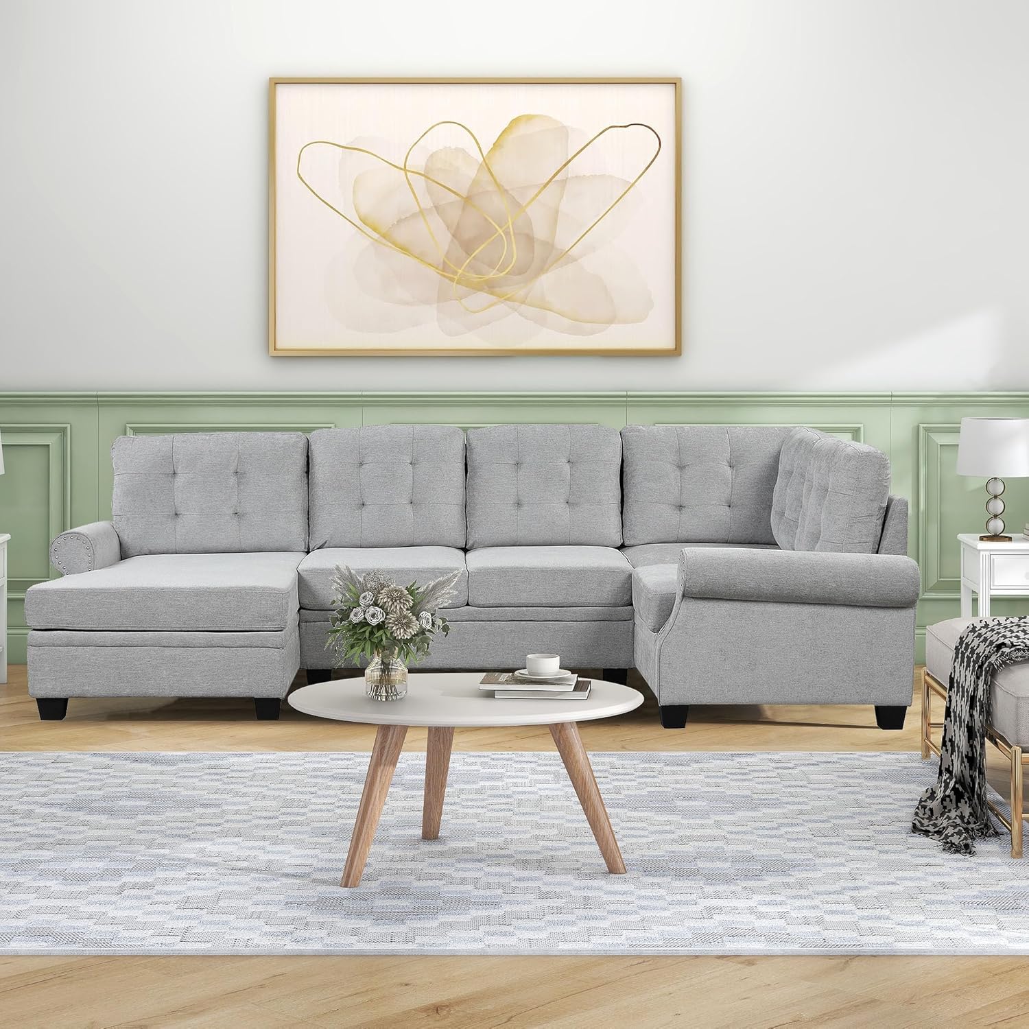 Sofá modular moderno en forma de U de 120 pulgadas, sofá tapizado de tela de lino para sala de estar y dormitorio, muebles grises elegantes