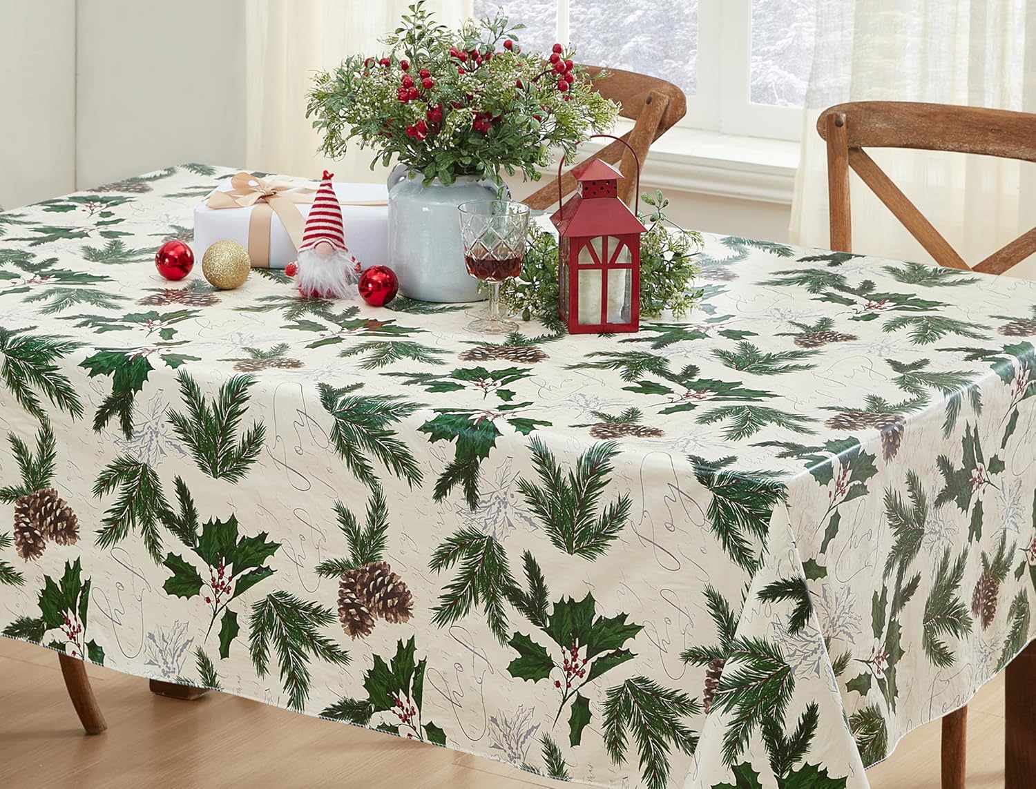 Newbridge Joyful Holly Country – Mantel navideño de vinilo rústico con reverso de franela, mantel trasero de franela de vinilo para vacaciones de