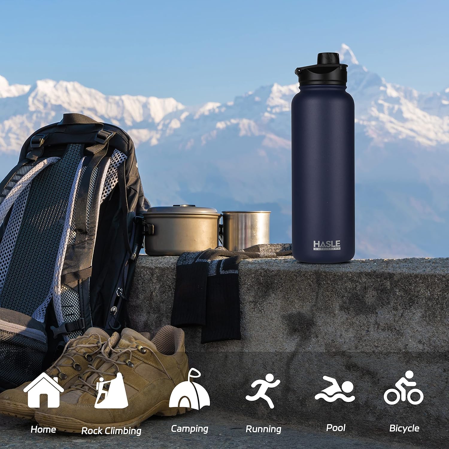 HASLE OUTFITTERS Botella de agua de acero inoxidable de 40 onzas, aislada al vacío, de doble pared, a prueba de fugas, con 2 tapas (tapa con popote