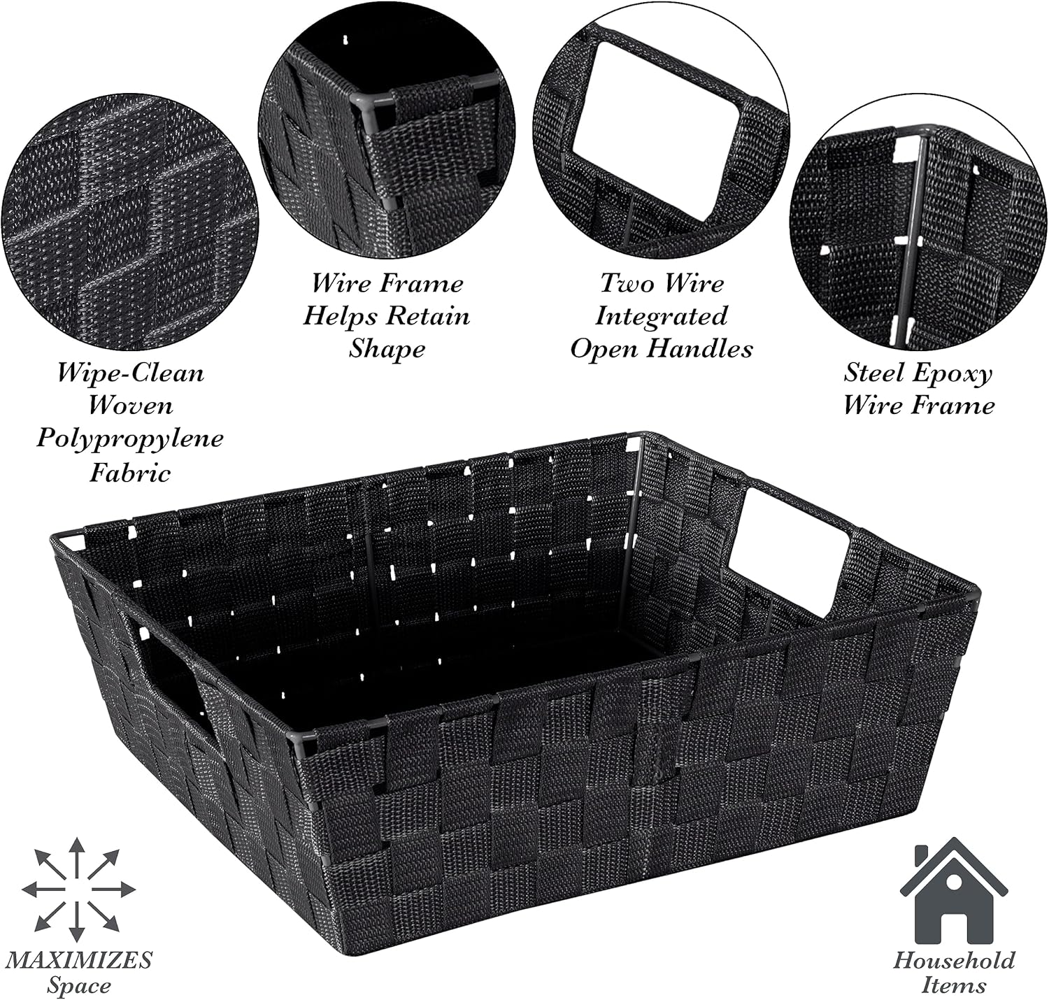 Simplify Bolso grande con correa tejida para estante  Cesta de almacenamiento decorativa  Asas integradas  Organización  Armario  Dormitorio  Baño