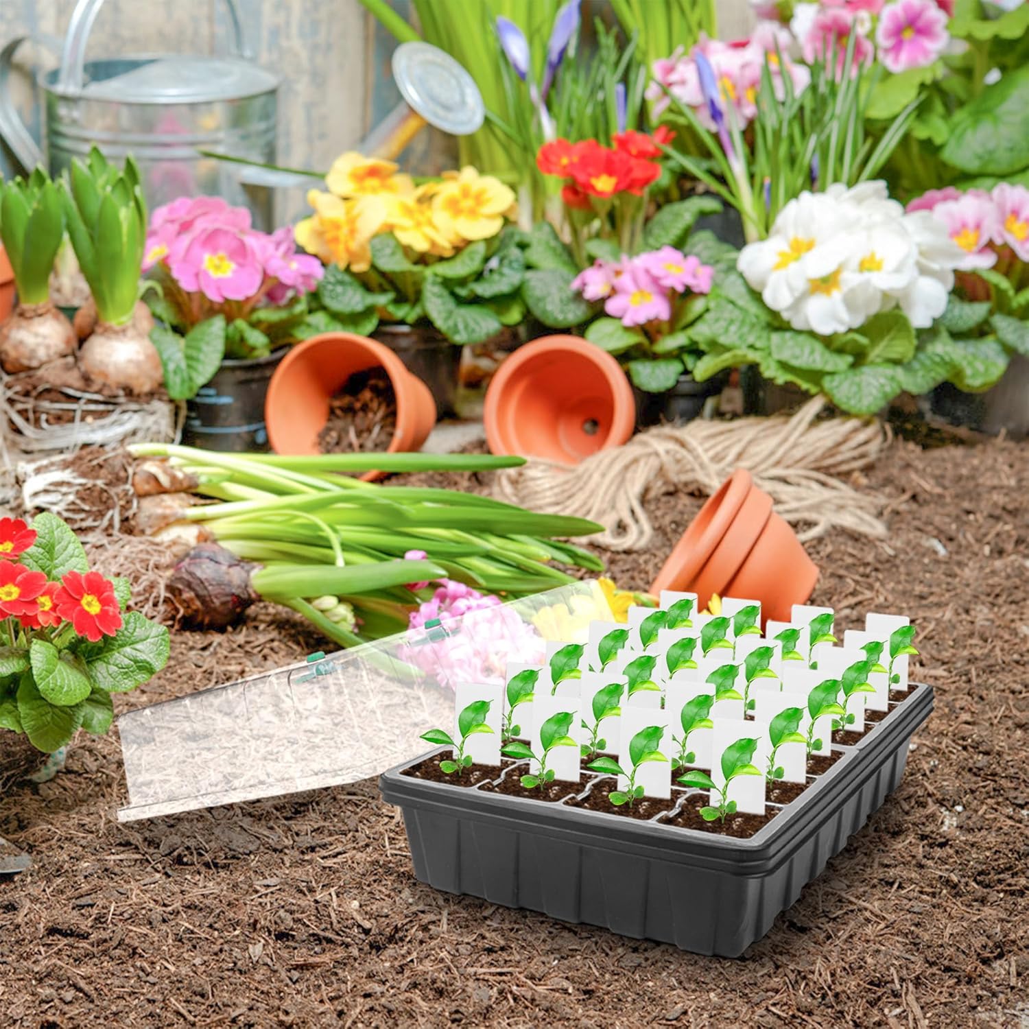 Paquete de 5 bandejas para plantas con 60 extractores reutilizables, bandeja de inicio de semillas con kit de cúpula de humedad. Germinación de