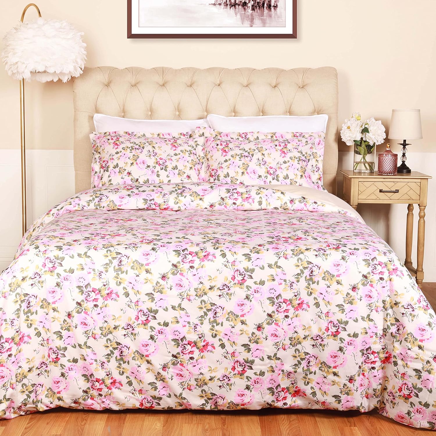 SUPERIOR Juego de funda de edredón de algodón de 300 hilos con fundas de almohada, duradero y transpirable, lavable a máquina, ropa de cama floral
