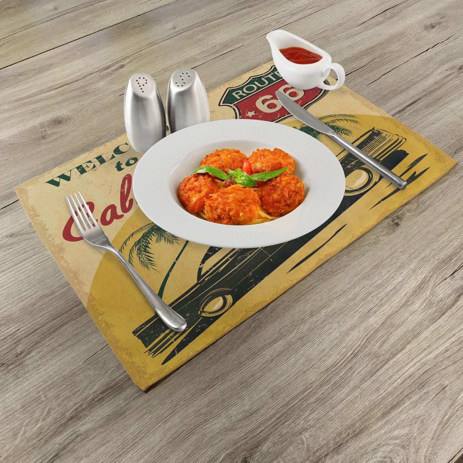 Ambesonne Juego de 4 manteles individuales retro, diseño de bienvenida a California, asiento publicitario de Hollywood con estampado de arte pop,