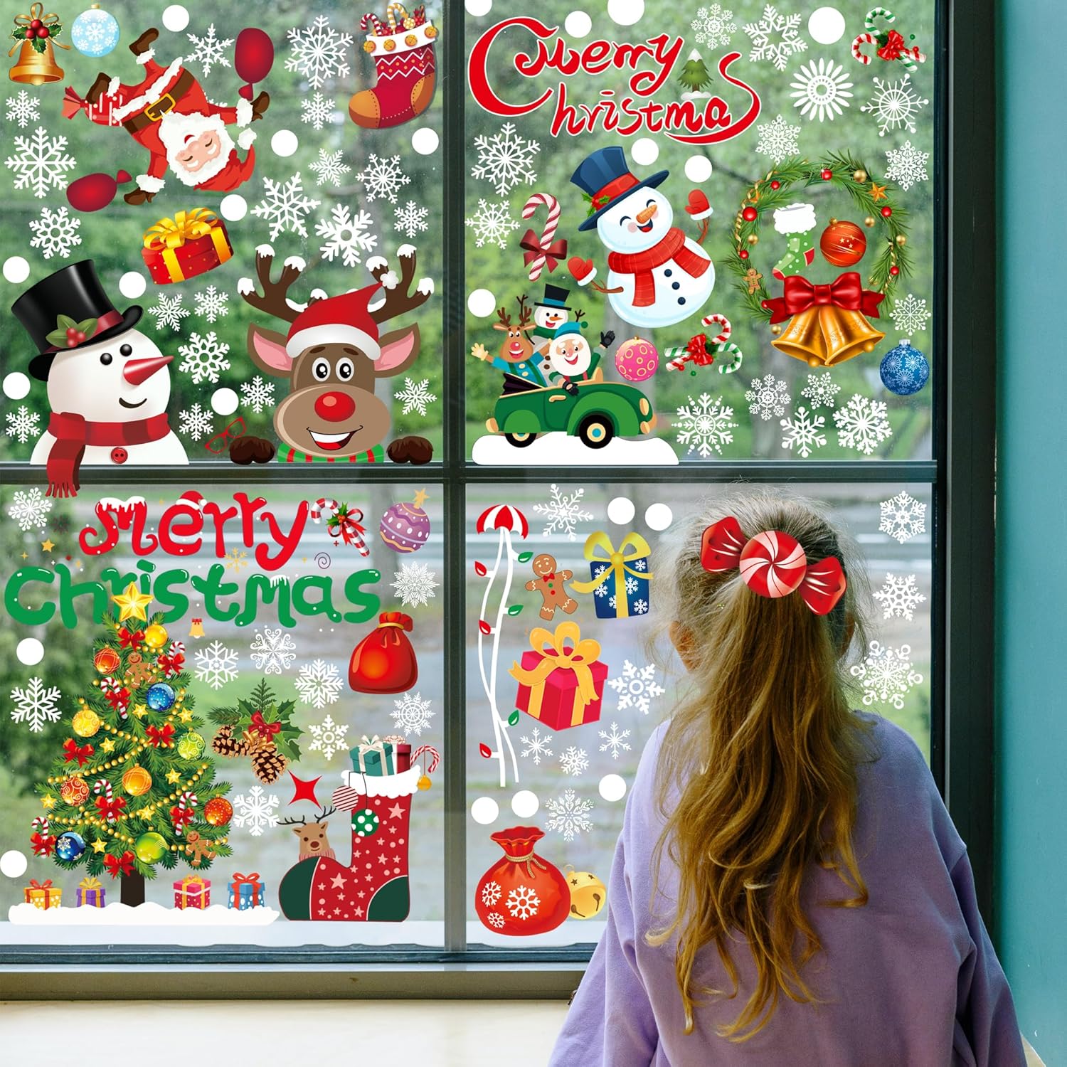 308 calcomanías de Navidad impermeables de doble cara para decoración de Navidad, copos de nieve, calcomanías de ventana para ventanas de vidrio,