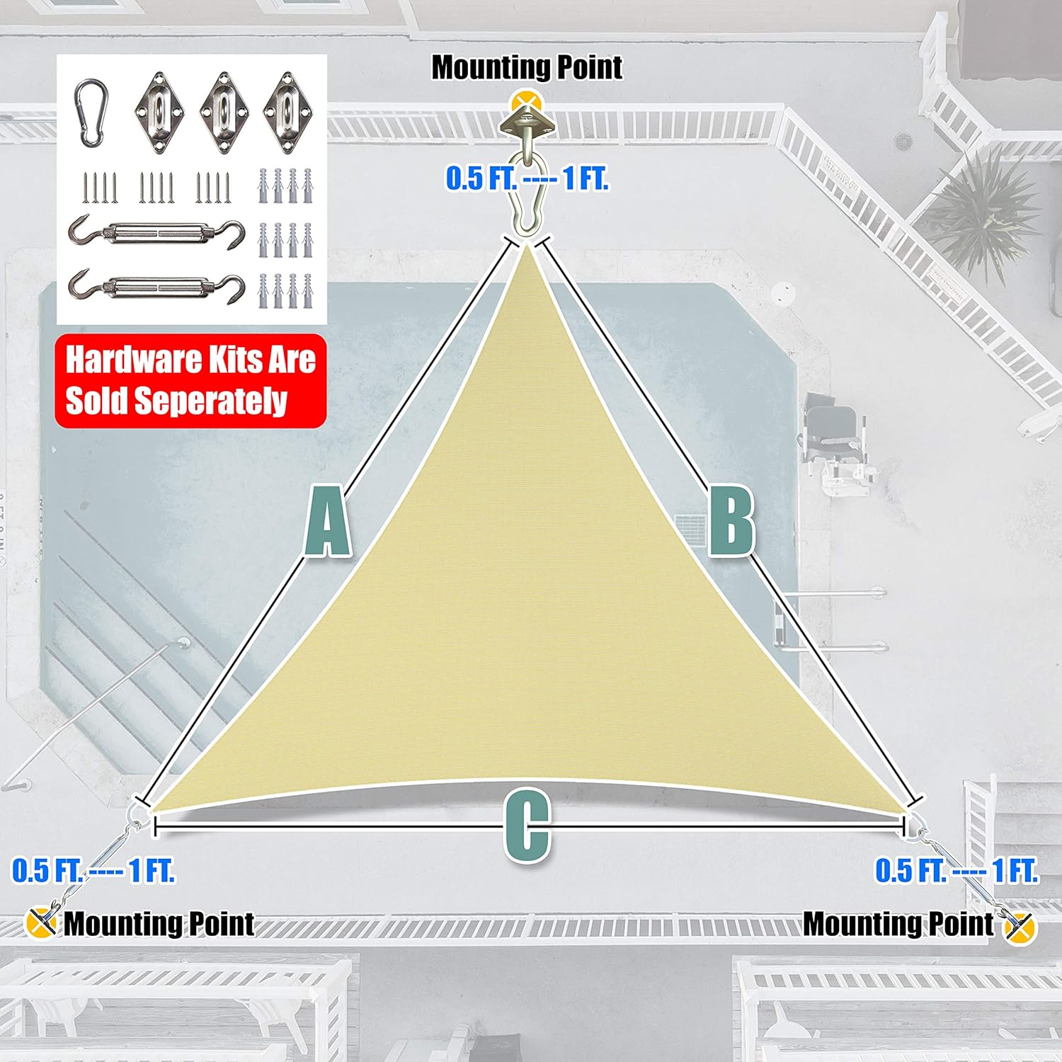 Amgo Toldo triangular beige de 16 x 16 x 16 pies para exteriores, UPF50+ AGTAPT16, 95% de bloqueo UV, permeable al agua y al aire, estándar