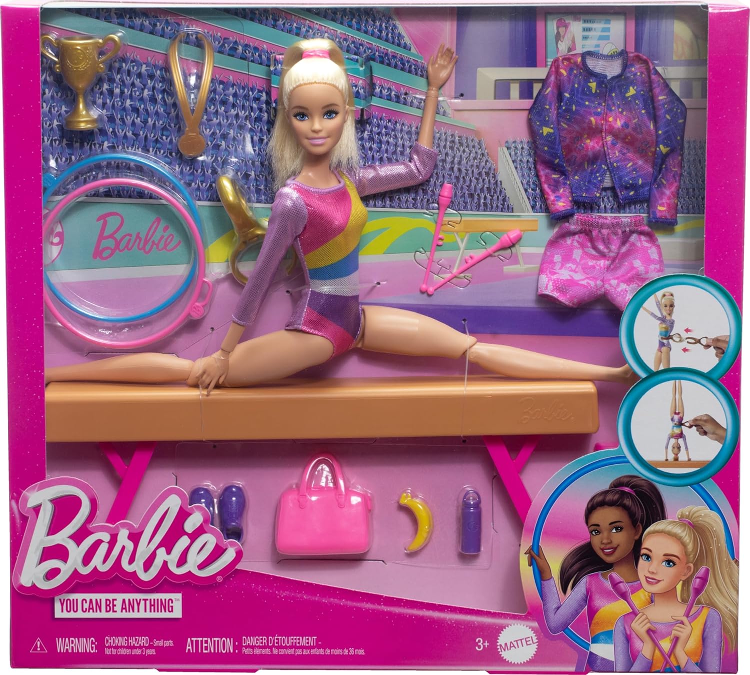Barbie Muñeca de gimnasia y accesorios, juego con muñeca rubia de moda, clip en C para acción de giro, haz de equilibrio, traje de calentamiento y