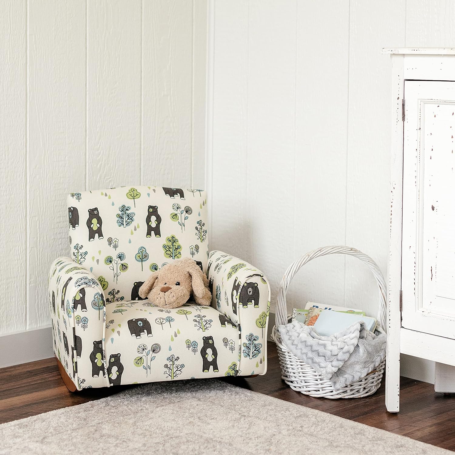 Silla para niños, sillón tapizado para niños pequeños, mecedora para niños (estampado de osos y árboles, mecedores), 19 pulgadas de profundidad x 21