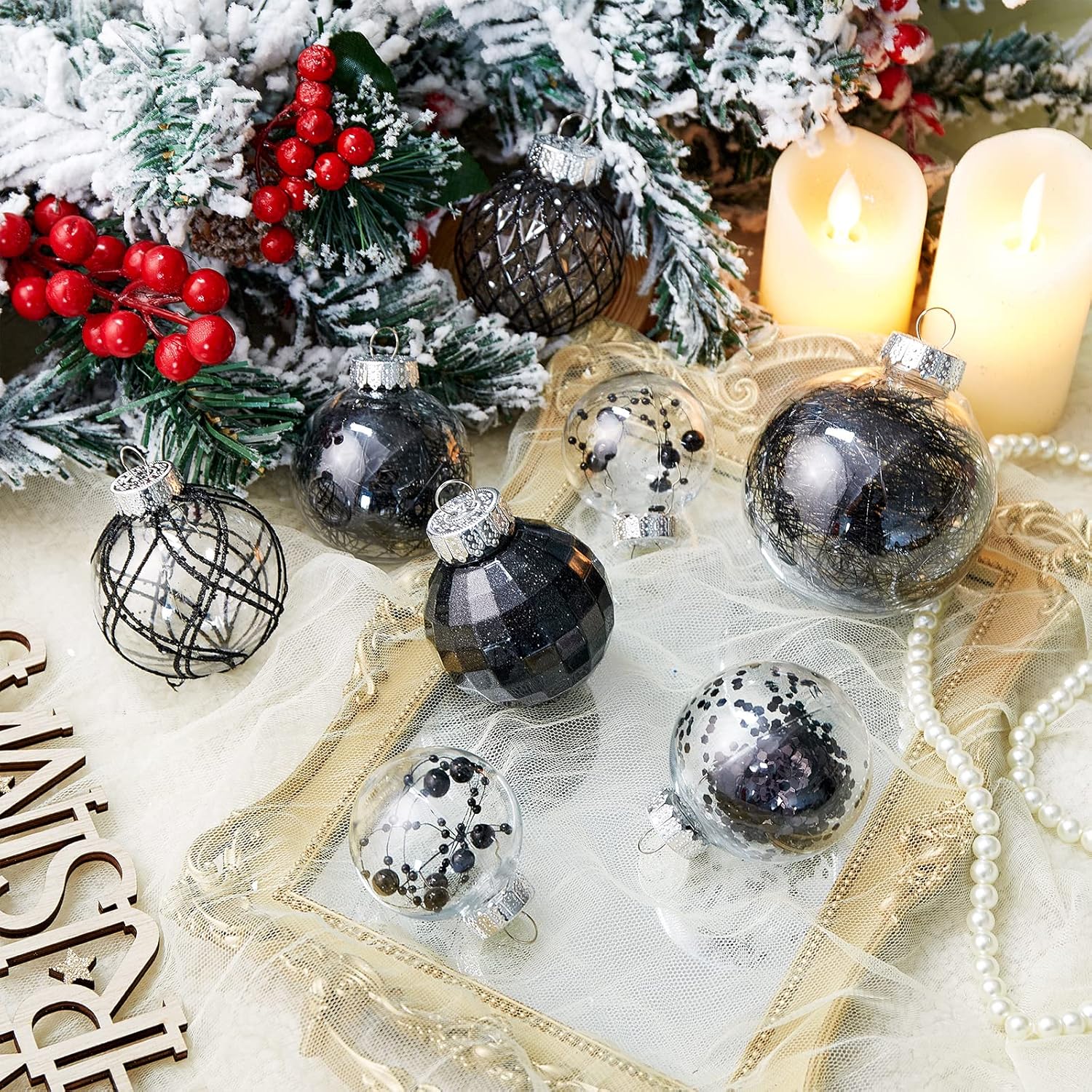 Adornos de bolas de Navidad de 30 unidades, 2.36 pulgadas, bolas de Navidad de plástico transparente inastillables con relleno delicado brillante,