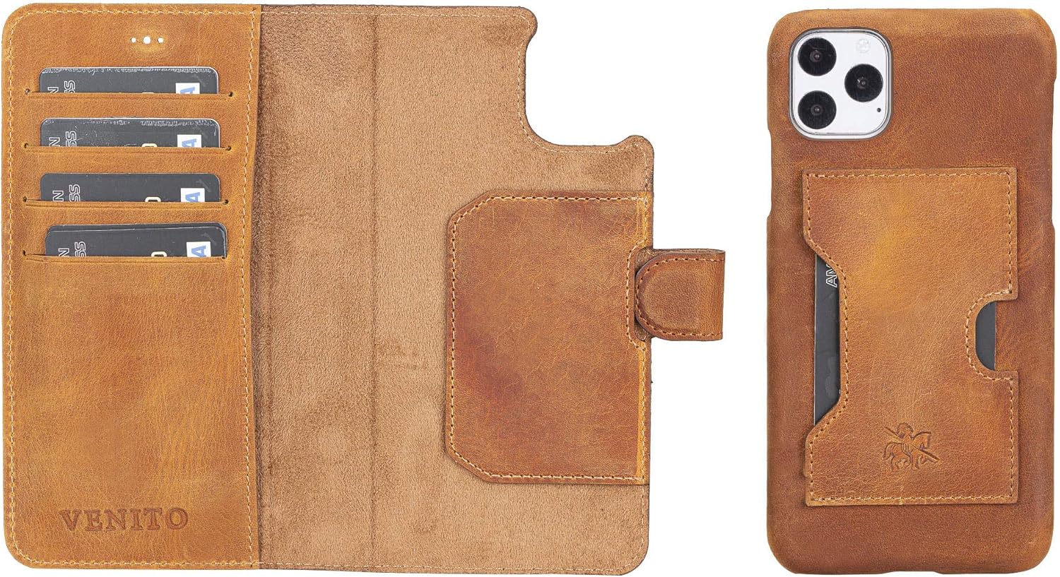 Venito Florence – Funda de piel tipo cartera compatible con iPhone 11 Pro Max, extra segura con bloqueo RFID, cartera desmontable para teléfono