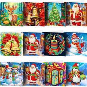 Huacan 12 paquetes de tarjetas de Navidad con pintura de diamante, tarjetas de felicitación de taladro redondo, regalo Huacan 12 paquetes de tarjetas de Navidad con pintura de diamante, tarjetas de felicitación de taladro redondo, regalo