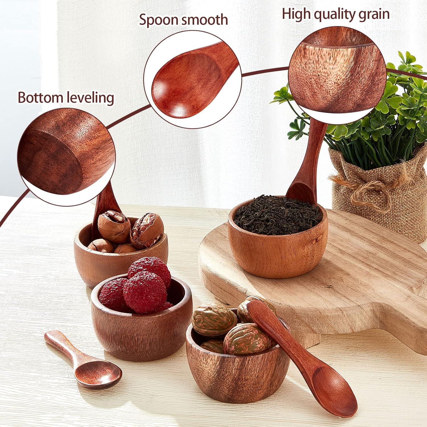 Didaey 8 cuencos pequeños de madera para salsas, nueces, salsa de tomate y hierbas, de 2.8 x 1.6 pulgadas, con 8 cucharas de madera para ensaladera,