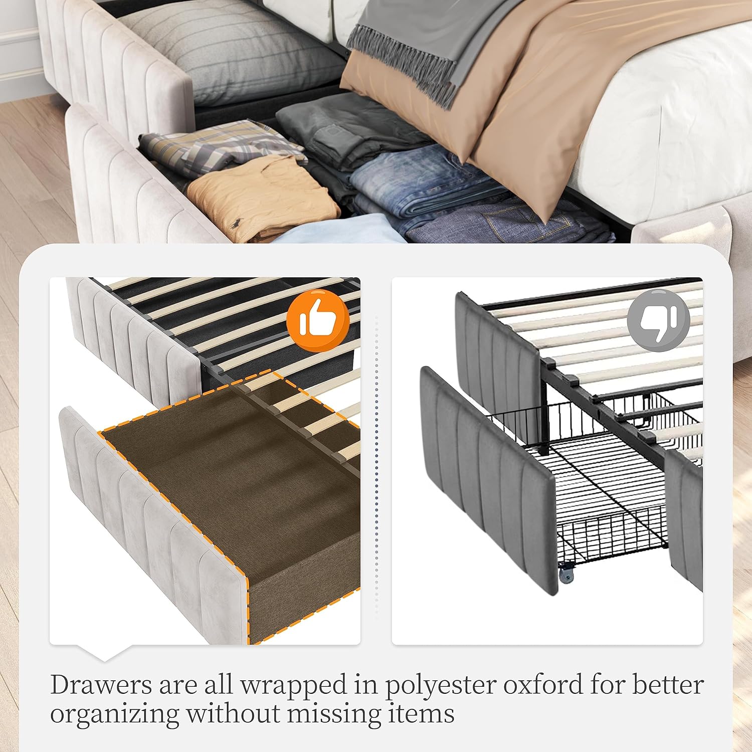 Topeakmart Base de cama tapizada tamaño Queen con 4 cajones, plataforma de almacenamiento con listones de madera, base de colchón, no incluye