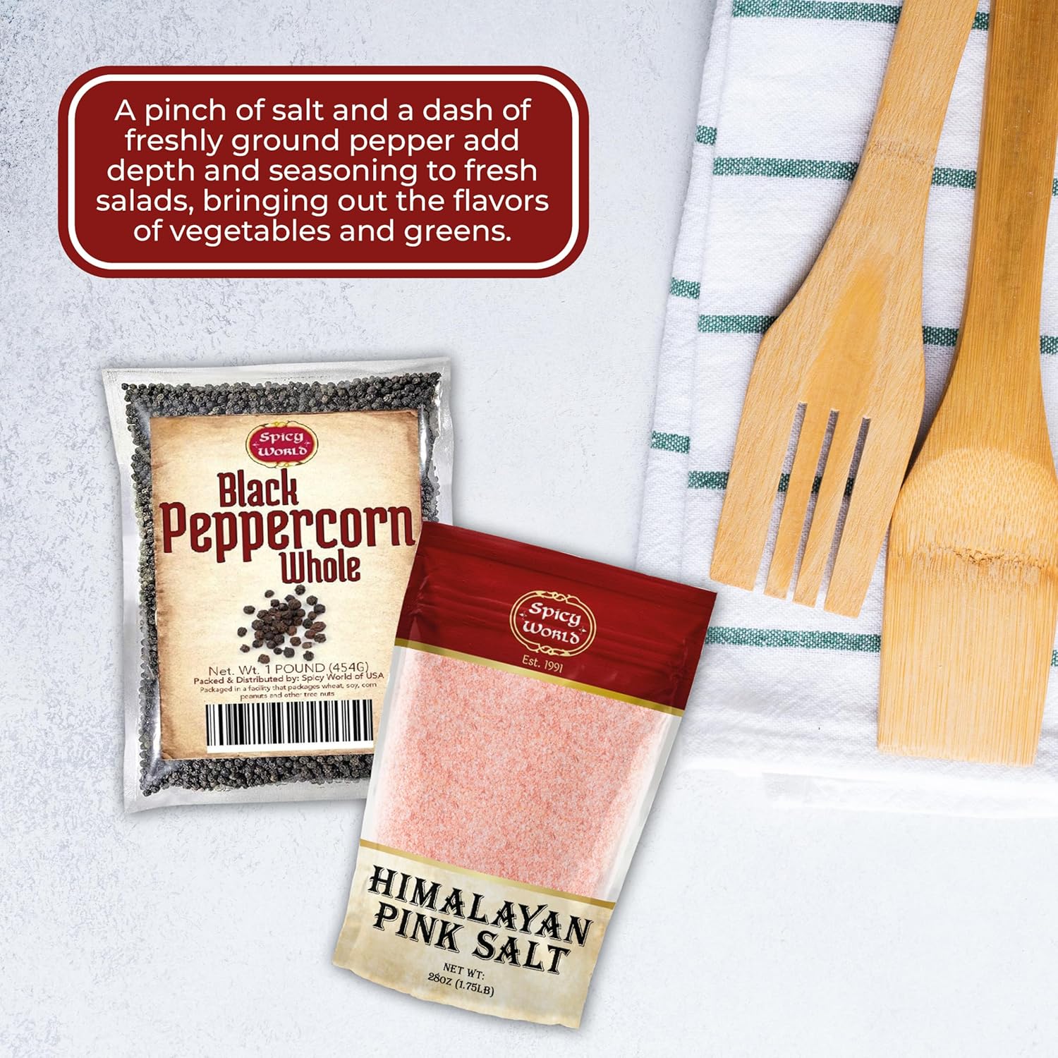 Spicy World Granos de pimienta negra entera de 16 onzas + sal rosa del Himalaya fina 1.75 libras (28 onzas)