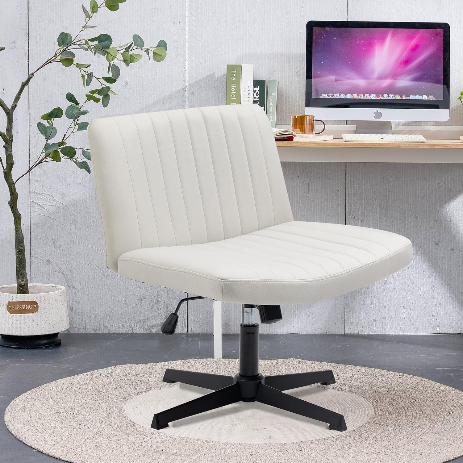 Pvillez Silla de escritorio de oficina sin ruedas, de piel sintética, sin brazos, silla de escritorio para oficina en casa, asiento ancho, silla de