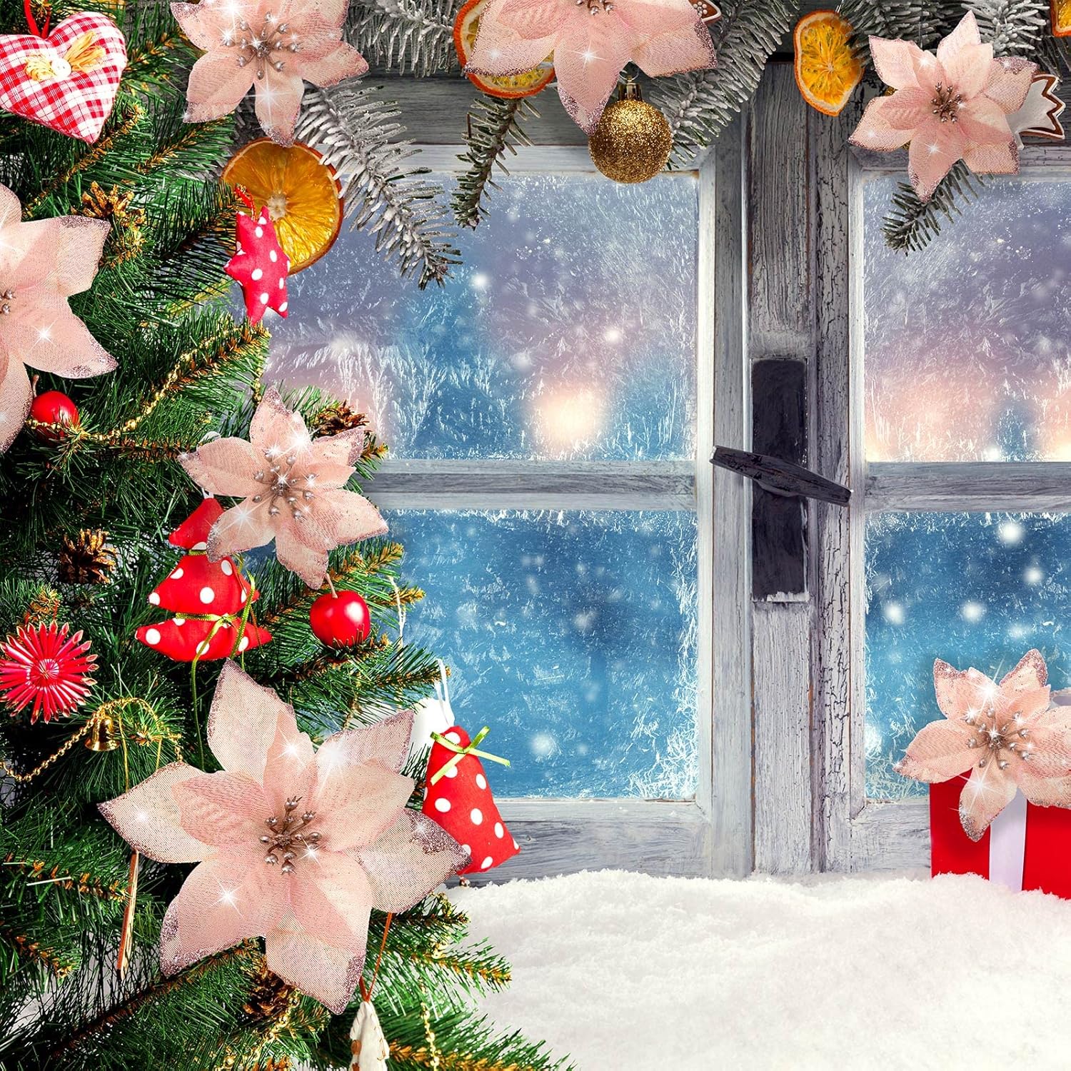 24 piezas de flores de pascua con brillantina para Navidad de 3 tamaños, flores de imitación para bodas, adornos navideños para el árbol de Navidad,