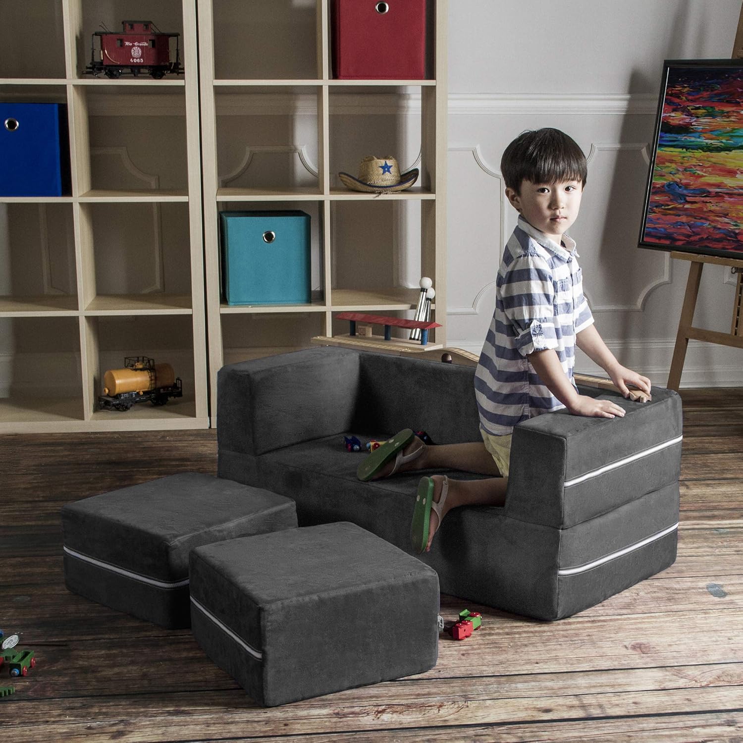 Jaxx Zipline – Sofá biplaza modular para niños, otomana y tumbona plegable, color carbón