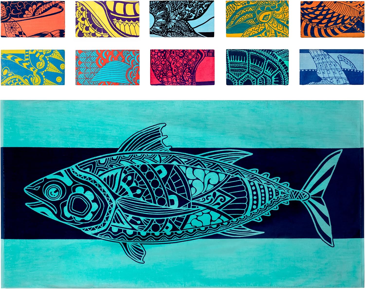 Nova Blue Tuna Fish – Toalla de playa de algodón a rayas (34 x 63) hecha de 100% algodón, toalla de piscina de secado rápido con diseño tropical,