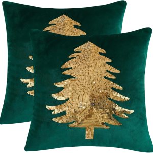 Fundas de almohada de Navidad de 18 x 18 pulgadas, juego de 2 fundas de almohada verde oscuro con lentejuelas para árbol de Navidad, decoración de Fundas de almohada de Navidad de 18 x 18 pulgadas, juego de 2 fundas de almohada verde oscuro con lentejuelas para árbol de Navidad, decoración de