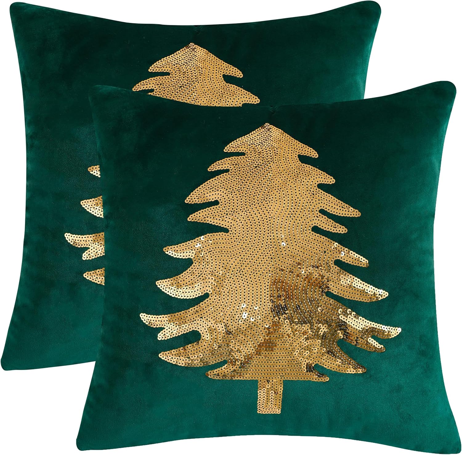 Fundas de almohada de Navidad de 18 x 18 pulgadas, juego de 2 fundas de almohada verde oscuro con lentejuelas para árbol de Navidad, decoración de