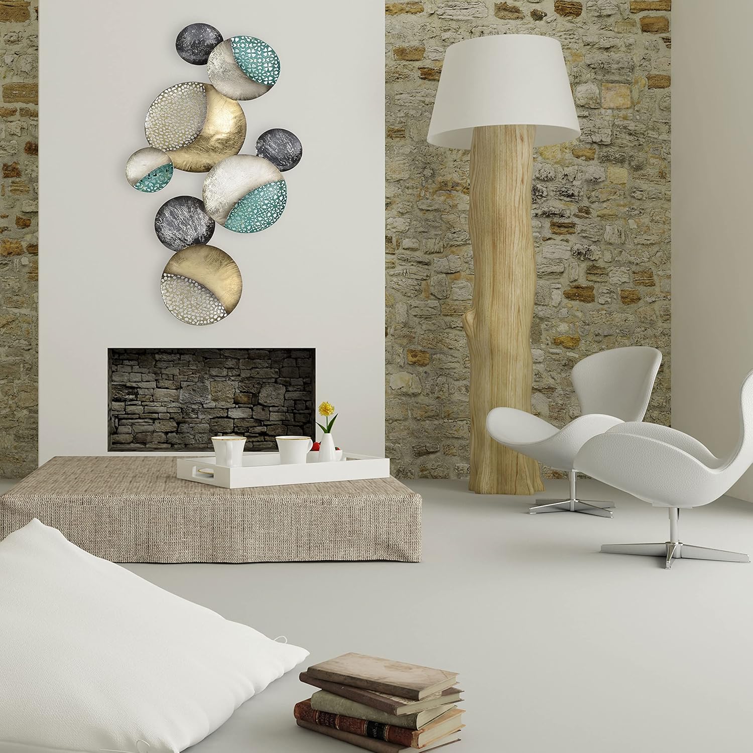 WHW Whole House Worlds MODERNIST HOME Círculos flotantes, arte abstracto de pared de metal, hecho a mano, dorado dorado, negro, blanco y gris