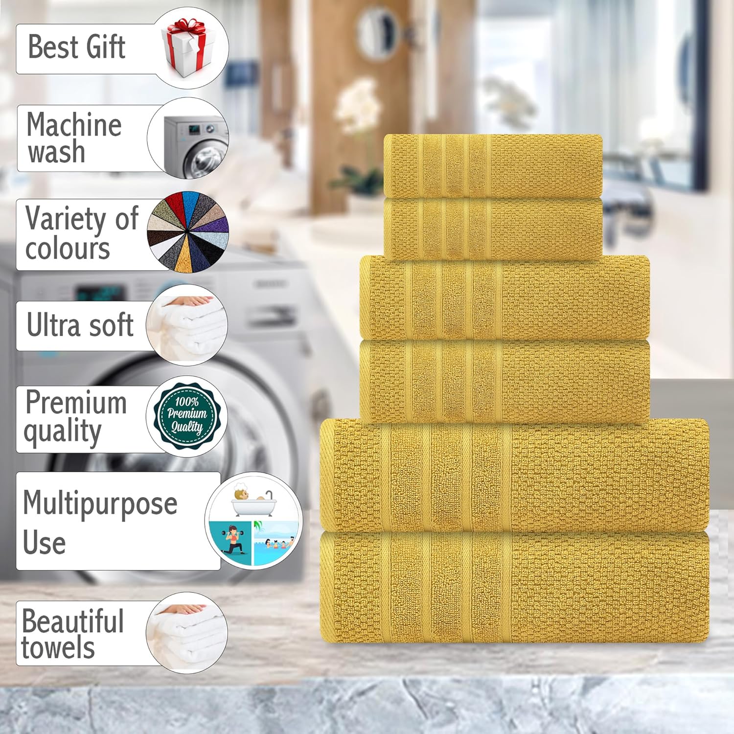 Juego de toallas de baño, 100% algodón, 2 toallas de baño, 2 toallas de mano y 2 toallas pequeñas, de secado rápido, absorbentes, suaves y