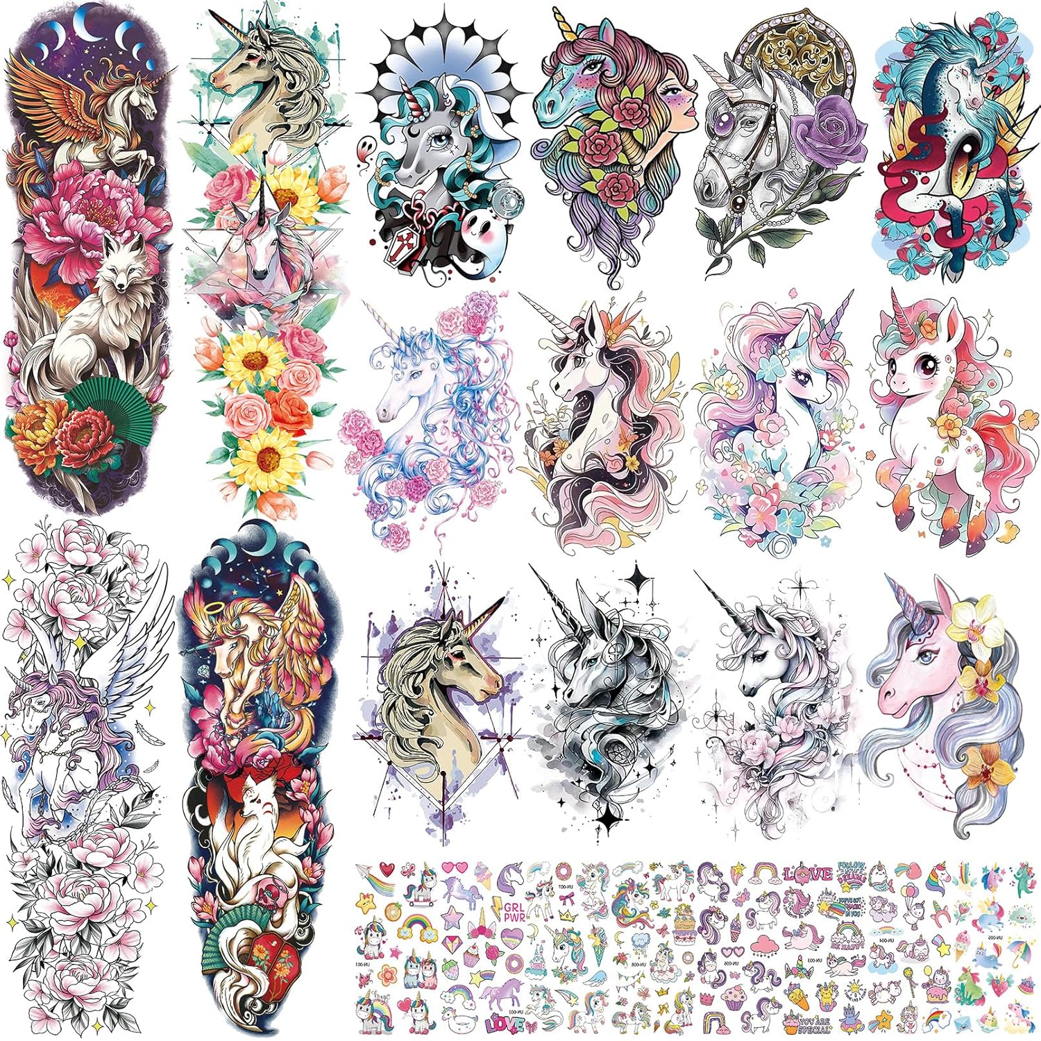 24 hojas de tatuajes falsos lindos para niñas, tatuaje colorido de medio brazo, tatuaje de manga, tatuajes pequeños, suministros de fiesta de