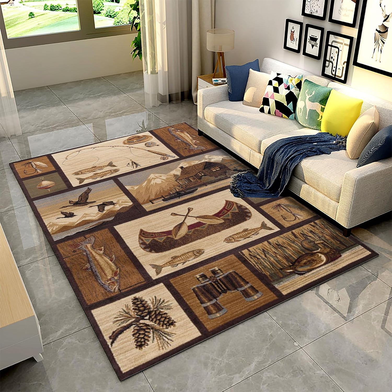 Alfombra de estilo campestre de 5 x 6 pies, alfombra rústica lavable para cabaña y vida silvestre, telescopio de pesca, diseño geométrico de pato,