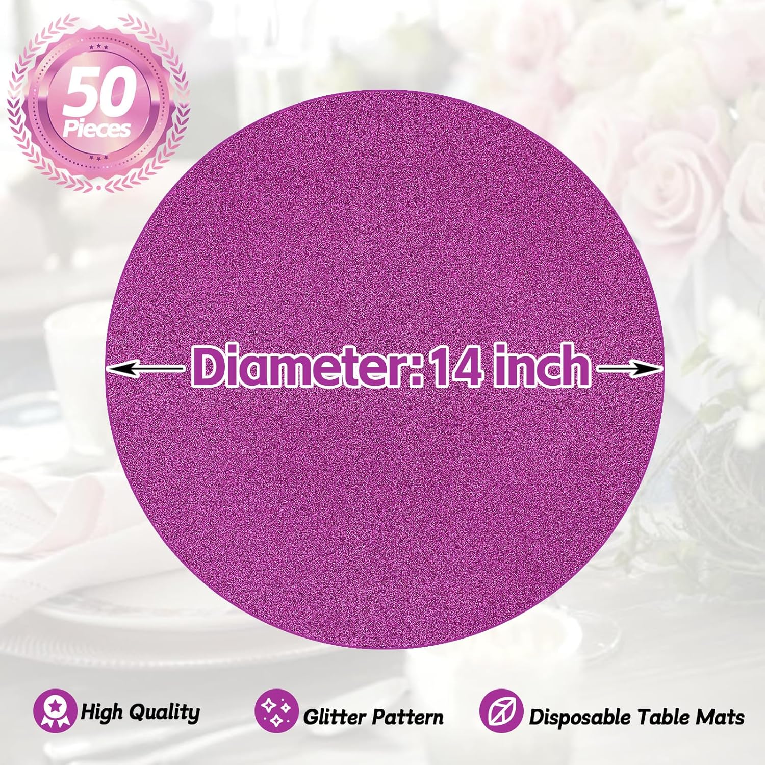 50 manteles individuales de papel con purpurina morada de 14 pulgadas, redondos, desechables, manteles individuales decorativos para bodas,