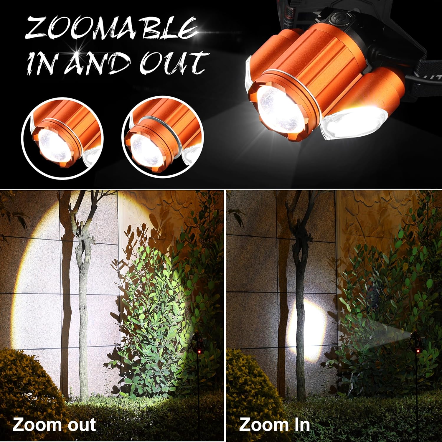 Linterna frontal recargable naranja, 10000 lúmenes, LED súper brillante, 4 modos, recargable por USB, impermeable, ajustable, lente zoomable, 1 año