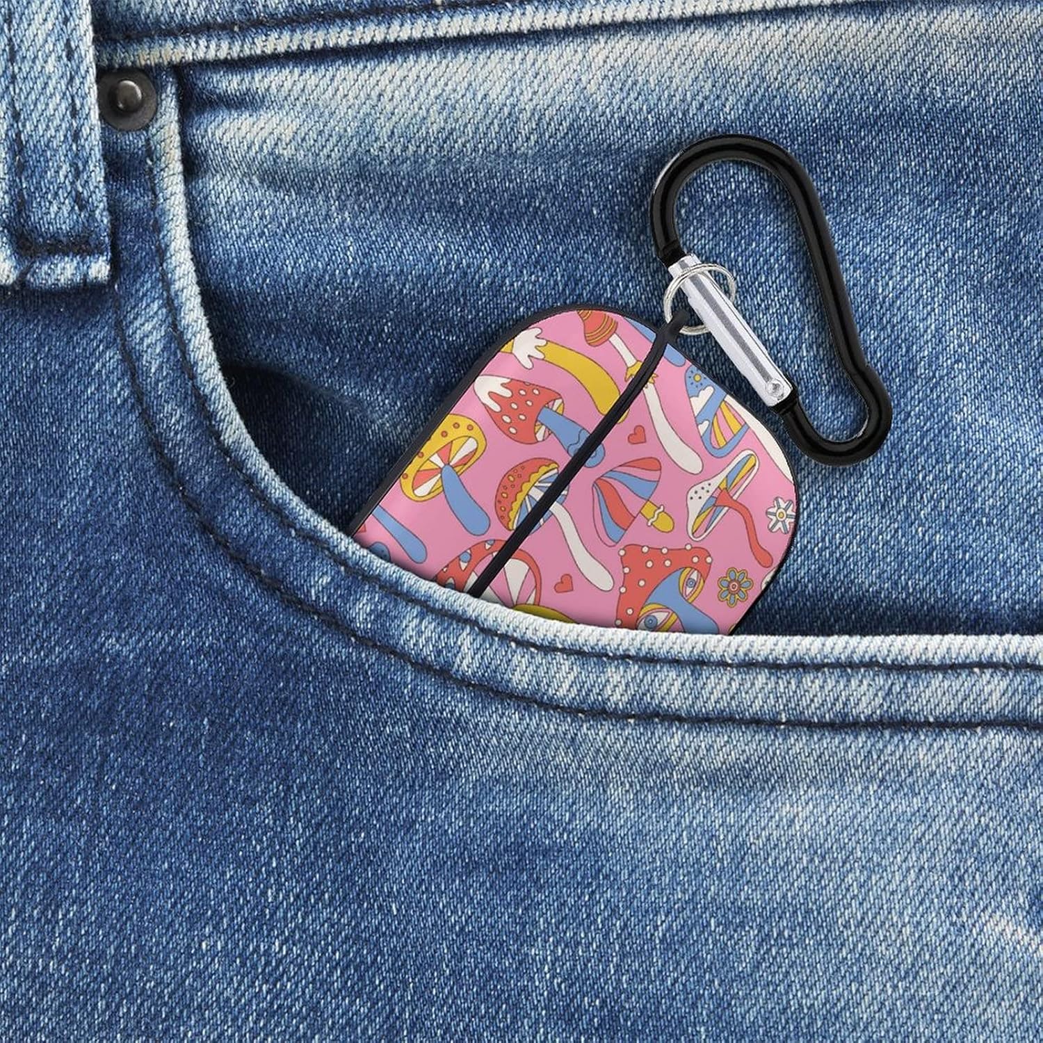 Divertida funda para Airpods Pro con estampado de hongos mágicos locos con llavero, protección completa, duradera, a prueba de golpes, funda rígida