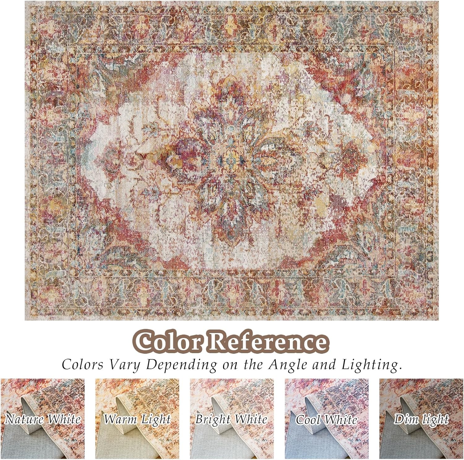 VKLIVING Alfombra vintage lavable de 5 x 7 pies, de pelo bajo, estilo bohemio, ligera, lavable a máquina, resistente a las manchas, antideslizante,