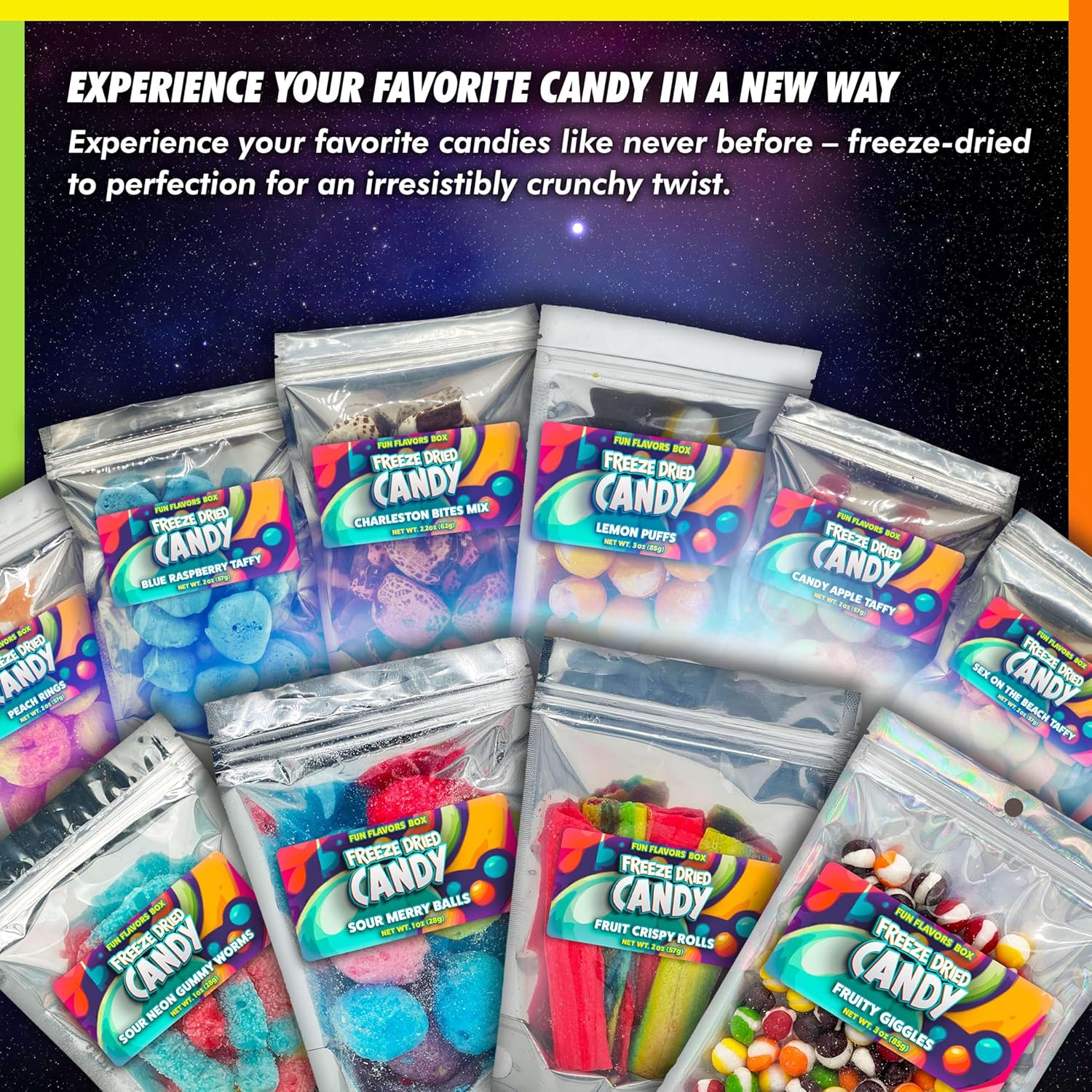 Paquete variado de ráfagas de frutas de caramelo liofilizadas  Snack crujiente  Idea de regalo para fiesta temática espacial, 3.3 onzas