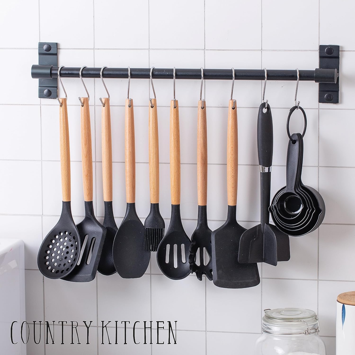 Country Kitchen Juego de utensilios de cocina  Juego de 38 espátulas de silicona antiadherentes con soporte, asas de madera y utensilios resistentes