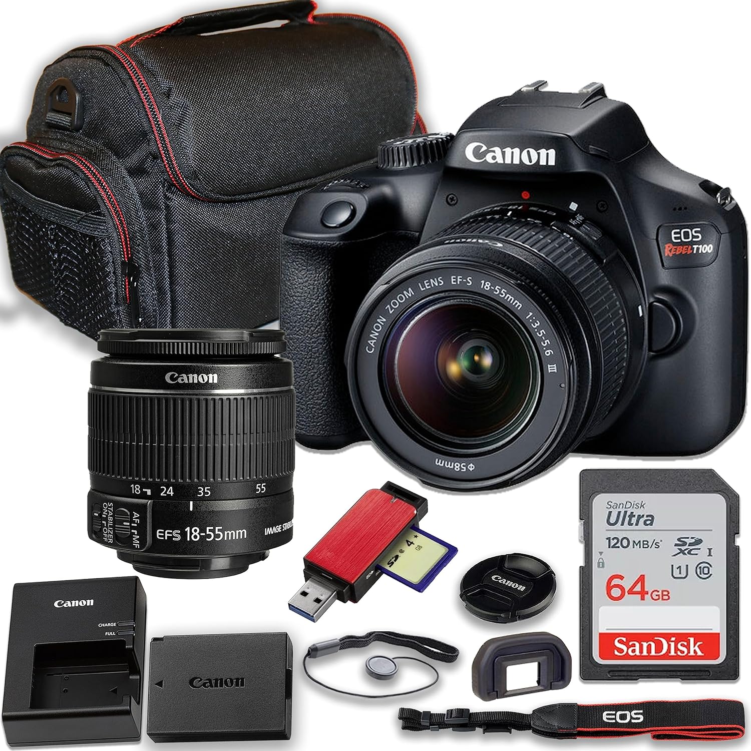 Canon Cámara DSLR EOS Rebel T100 con lente EF-S de 0.709-2.165 in f3.5-5.6 III + tarjeta de memoria de 64 GB + funda, lector de tarjetas y más