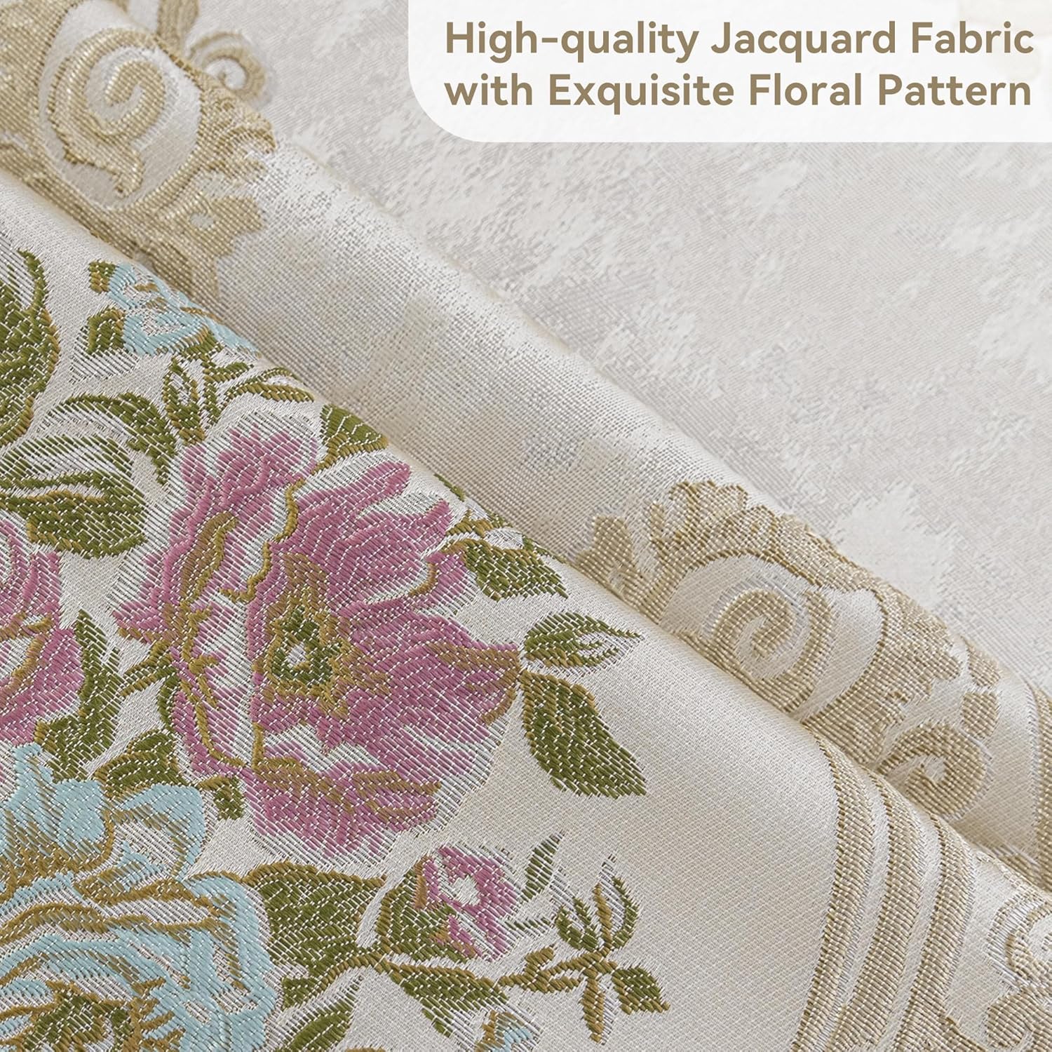 Loom and Mill Cortinas jacquard de lujo para dormitorio, sala de estar, cortinas de damasco floral beige nacarado, 2 paneles con alzapaños, elegante