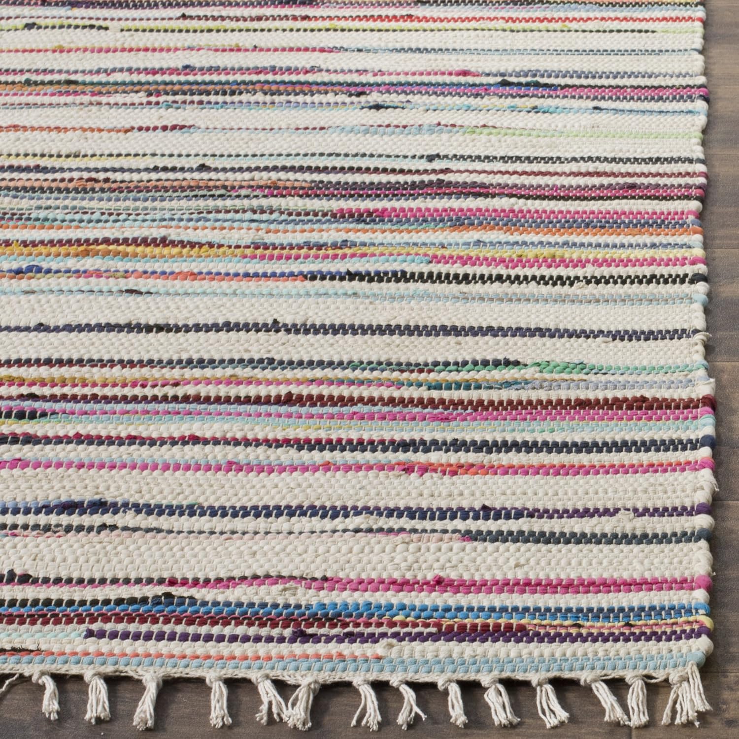 SAFAVIEH Rag Rug Collection – Alfombra de área de 5 x 8 pies, color marfil y multicolor, hecha a mano, de algodón a rayas, ideal para zonas de alto
