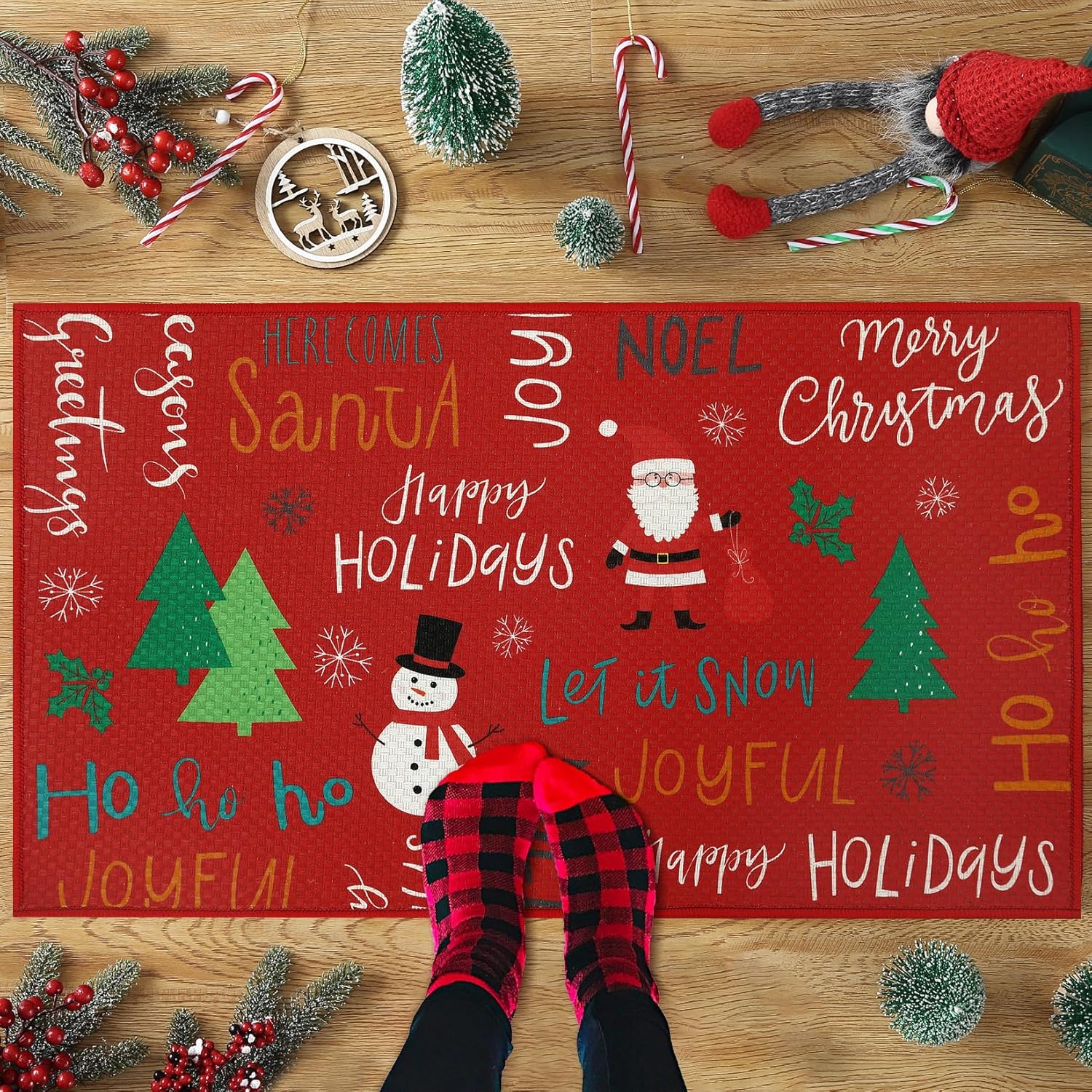 Tapete decorativo rojo de Navidad, muñeco de nieve y árbol de Navidad, tapete de bienvenida, tapete antideslizante para interiores y exteriores, 30