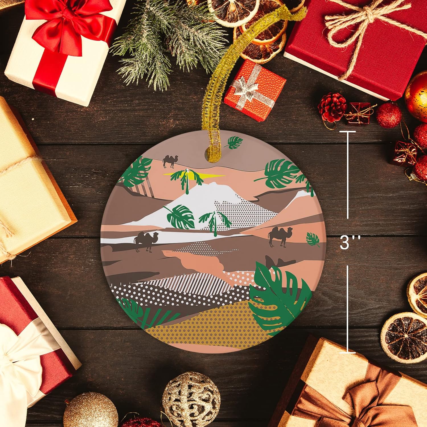 2023 Christmas Ornament Xmas Tree Hanging Accessories,Desert Camel Green Leaf Christmas Tree Round Ceramic Ornaments for Holiday Party Home