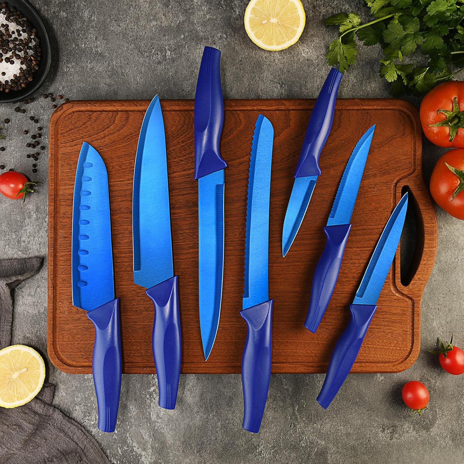 LIFVCNT Juego de cuchillos de cocina profesionales azules de 7 piezas, juego de cuchillos de carne dentados, juego de cuchillos de chef de acero