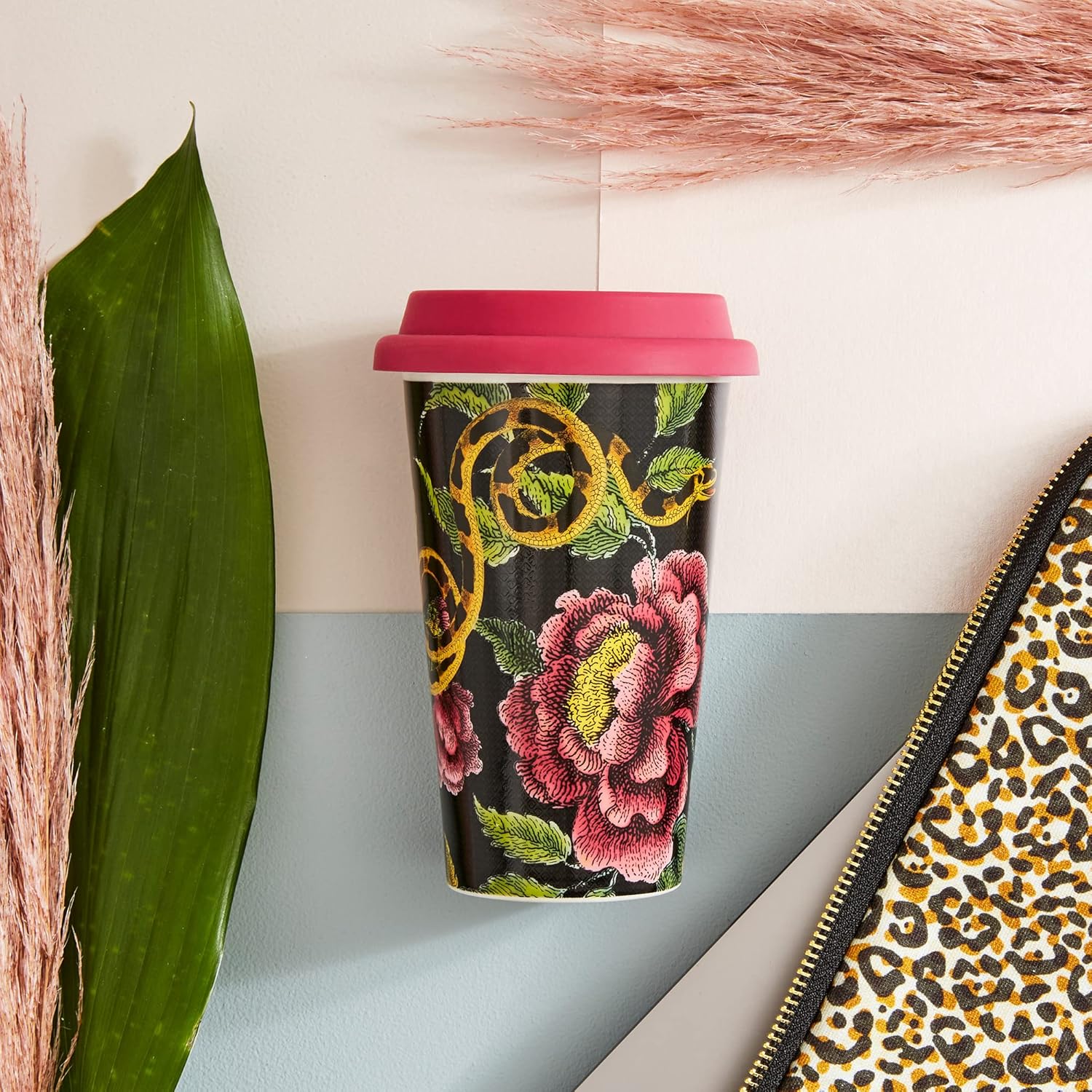 Spode Creatures of Curiosity Collection – Taza de viaje con tapa, vaso para café y té, taza de agua, 10 onzas, diseño floral oscuro, apto para