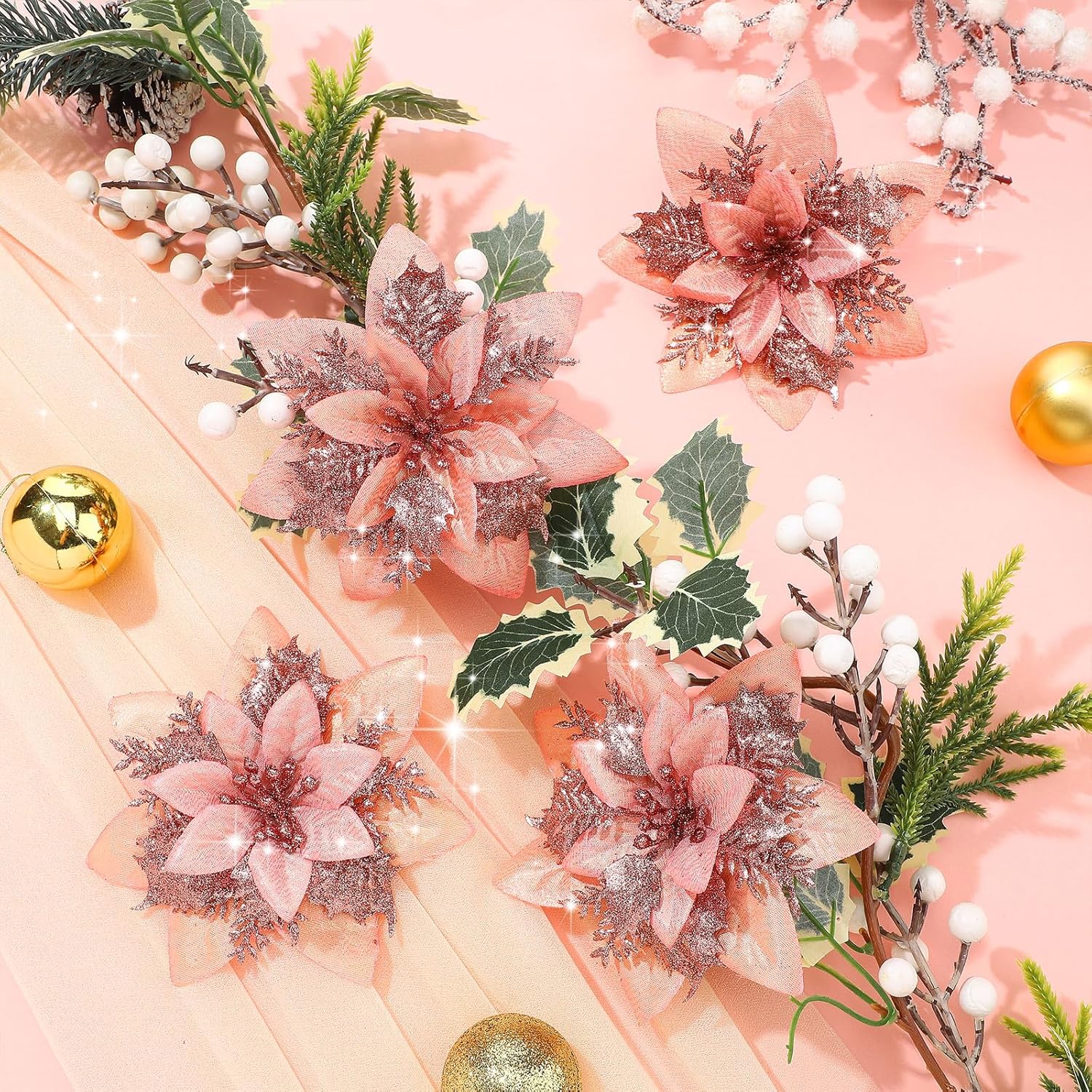 Adornos de flores de Pascua artificiales de Navidad con purpurina y clips y tallos, adornos para árbol de Navidad de Pascua con purpurina para boda
