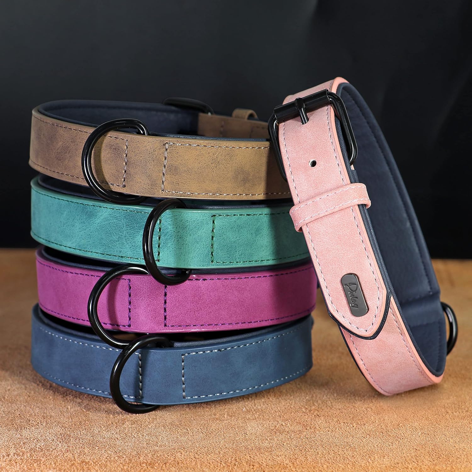 Didog Collar de cuero acolchado suave para perro, collar de cuero transpirable y resistente con hebilla metálica ajustable a prueba de óxido para