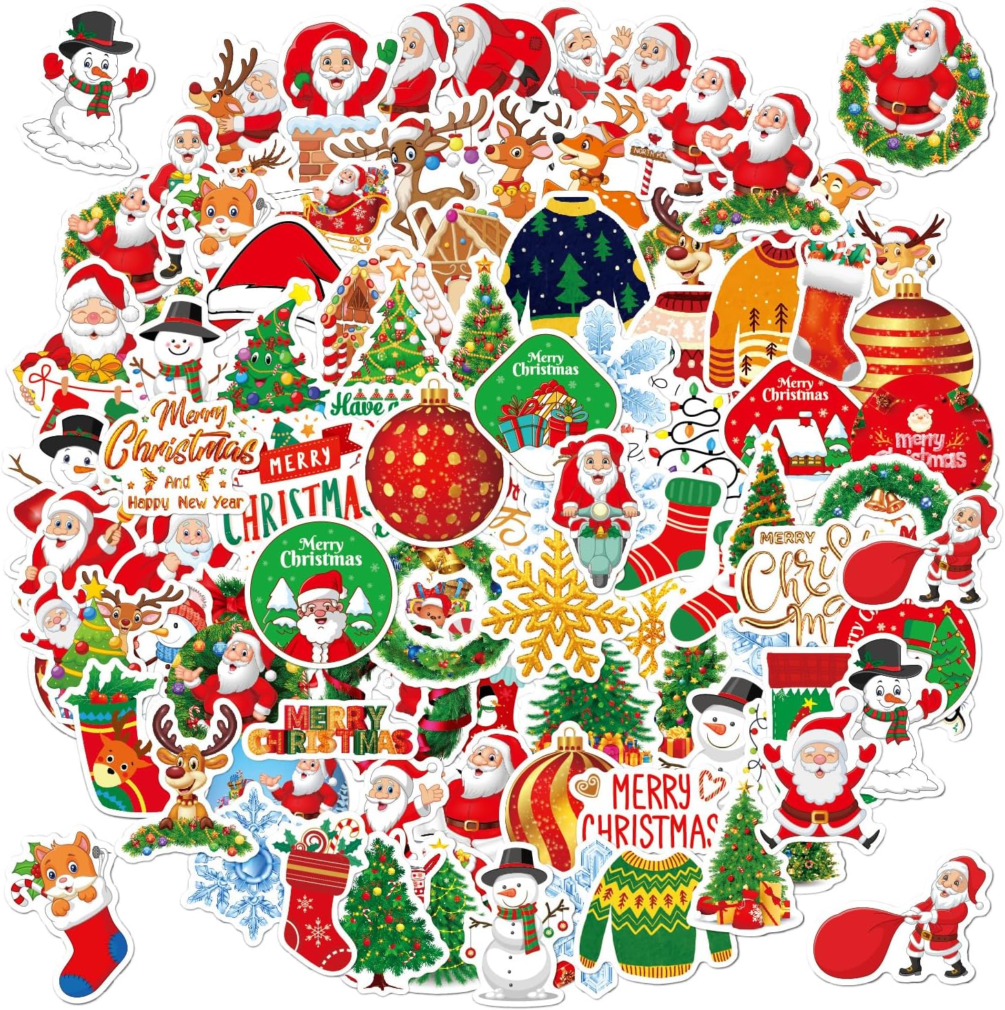 100 calcomanías de Navidad, Yelltale Merry Christmas Decoration, vinilo impermeable, Papá Noel, árbol de Navidad, muñeco de nieve, copos de nieve