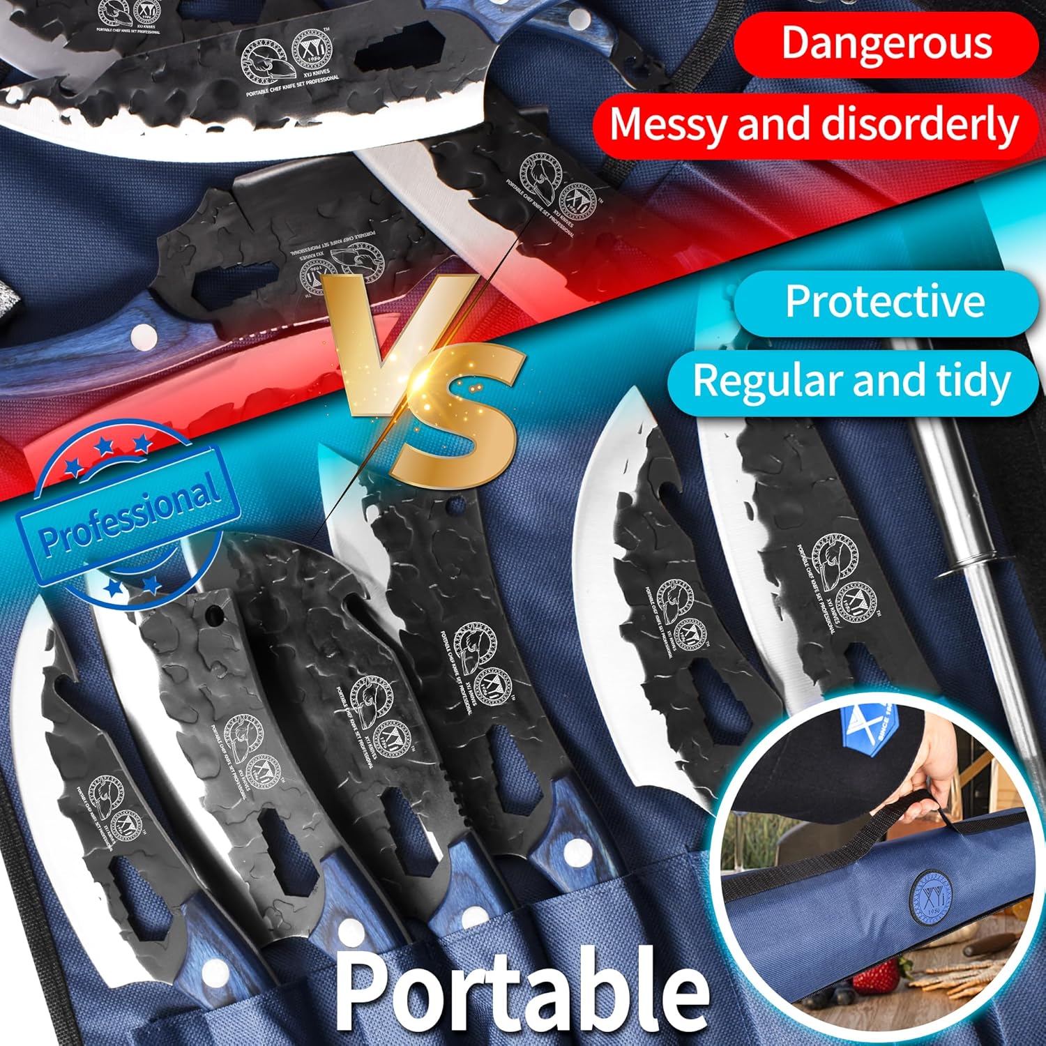 XYJ Juego de cuchillos de chef portátil profesional, cuchillo de chef de espiga completa para exteriores, juego de 6 piezas de cuchillos de cocina