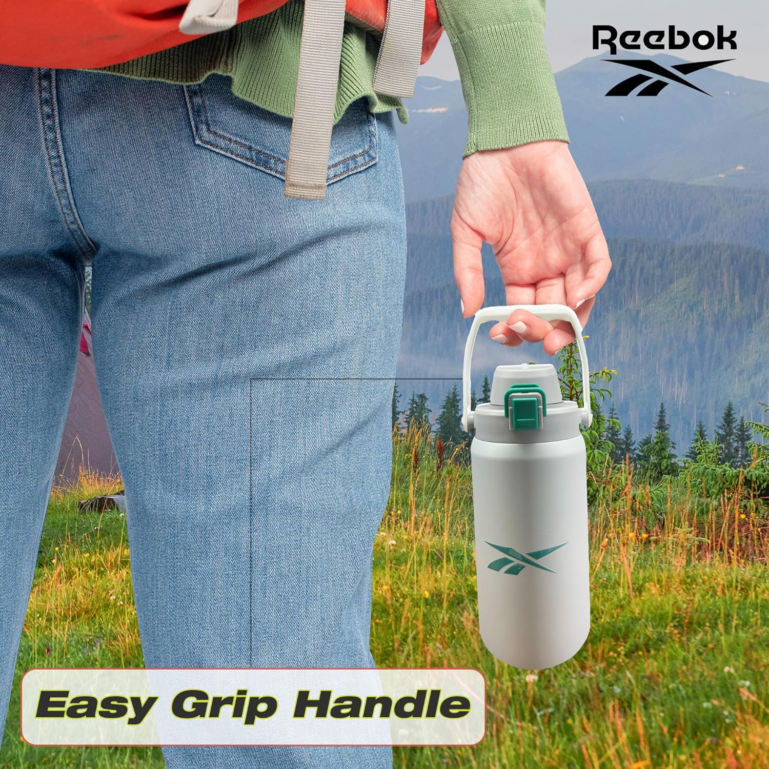 Reebok Botella de agua de acero inoxidable para acampar, botella de agua aislada de 32 onzas, botella de agua de campamento aislada al vacío de