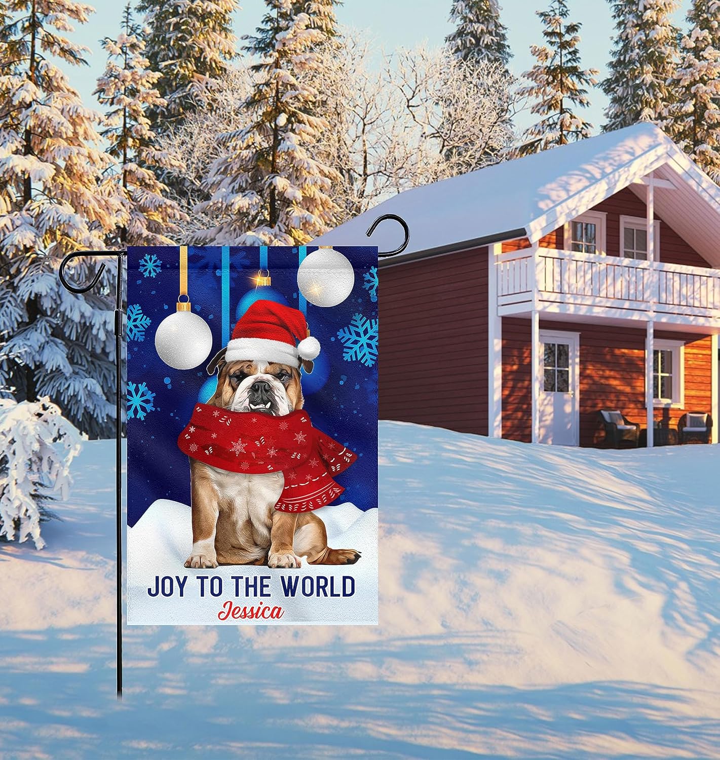 Bandera de jardín de perro de Navidad con nombre personalizado, regalos de bulldog inglés para decoración de Feliz Navidad, bandera de bienvenida