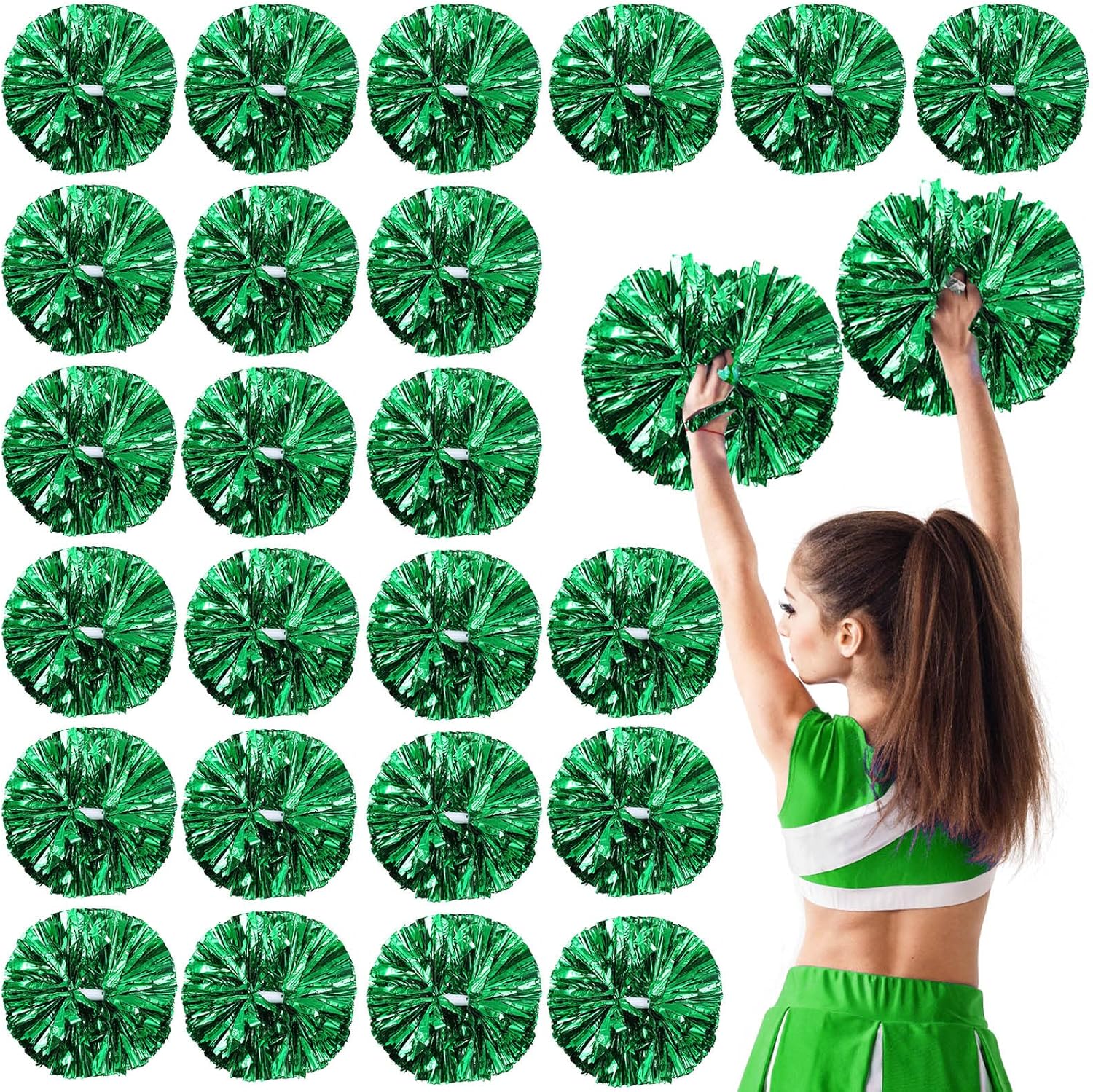 Paquete de 24 pompones de animadora con mango de bastón de 14.5 pulgadas metálicos para animar a niños y adultos (verde)