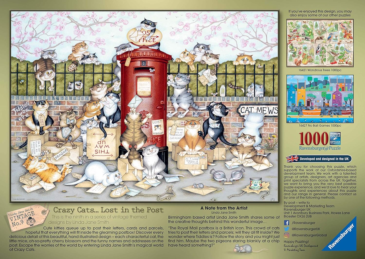 Ravensburger Crazy Cats Vintage No.9 Lost in The Post – Rompecabezas de 1000 piezas para adultos y niños a partir de 12 años