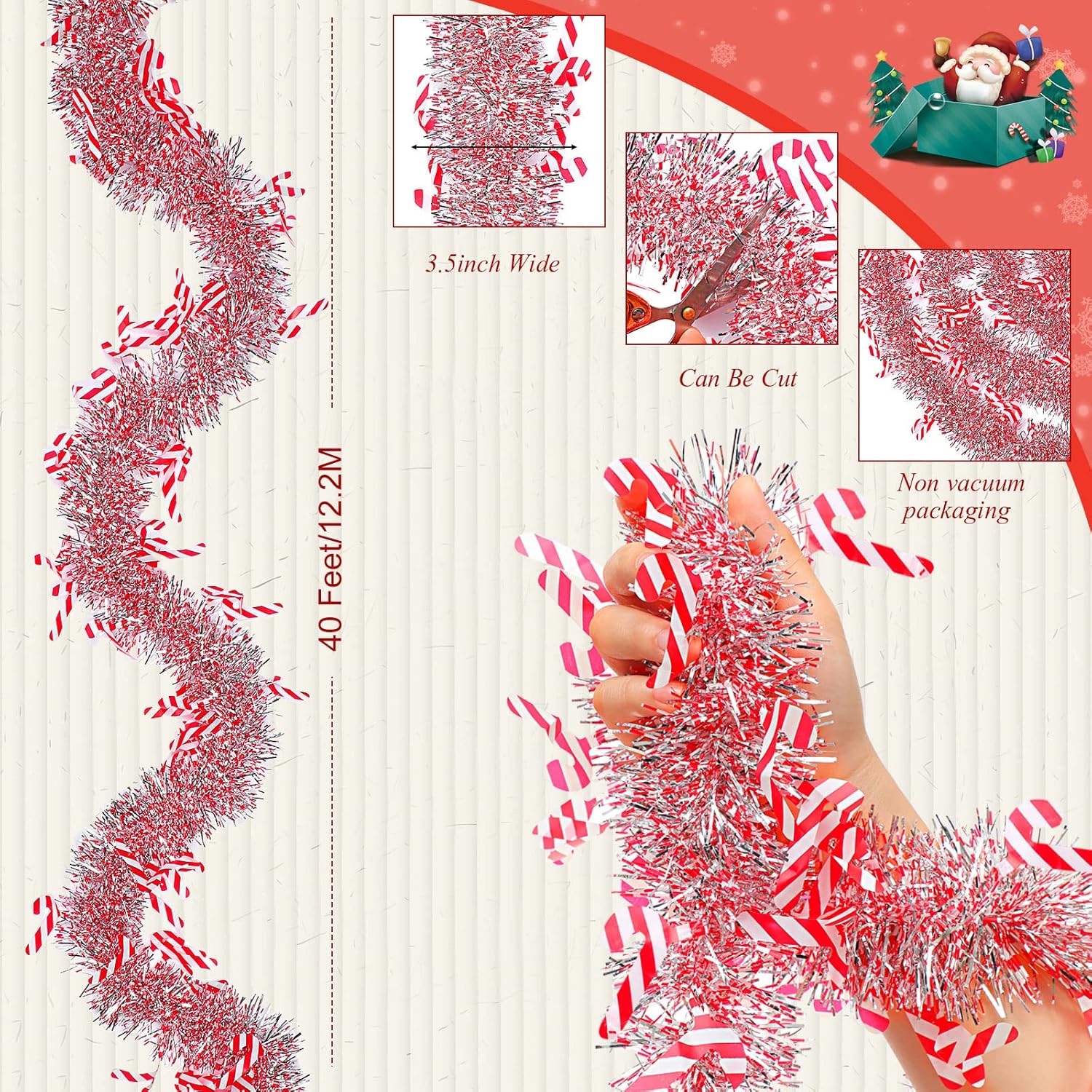 Guirnalda de oropel de Navidad de 40 pies para árbol de Navidad, guirnalda metálica para colgar en interiores y exteriores, suministros de fiesta