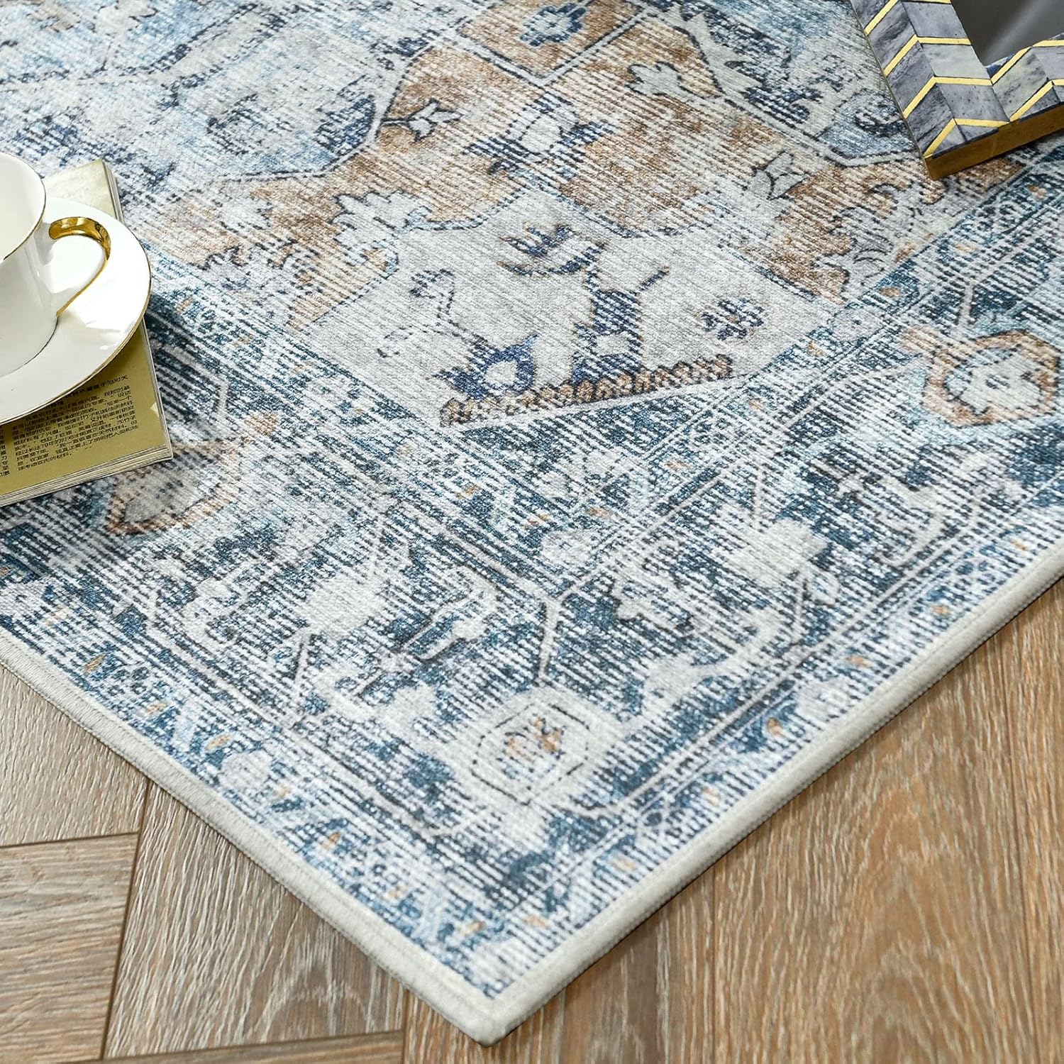 jinchan – Alfombra persa para interiores, con estampado, color azul, envejecida, delgada, de felpilla, ligera, que contrasta con la decoración,